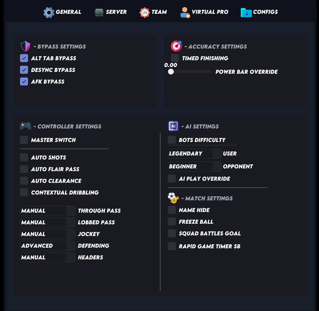 The FIFA 27 cheat General tab: bypasses, timed finishing, power bar and bot difficulty, plus the Extra and Configs tabs