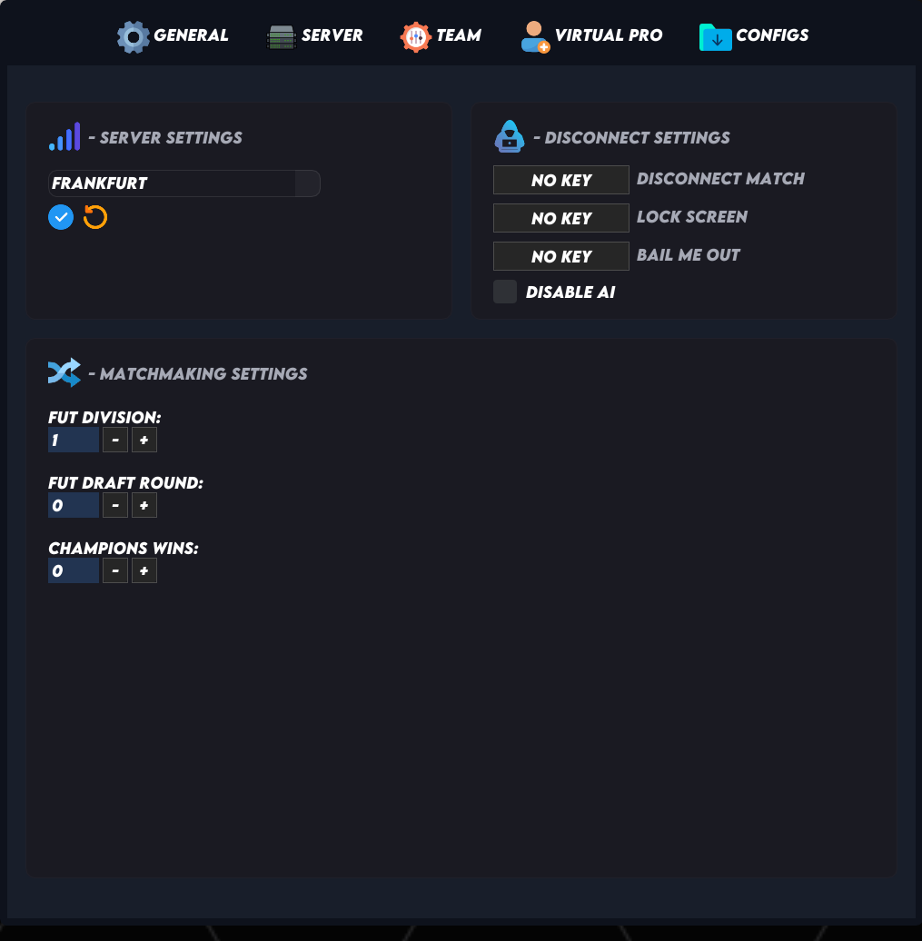 The FIFA 27 cheat Server tab: 35+ server locations, Disable AI OPP, Division Spoofer and Draft modifier
