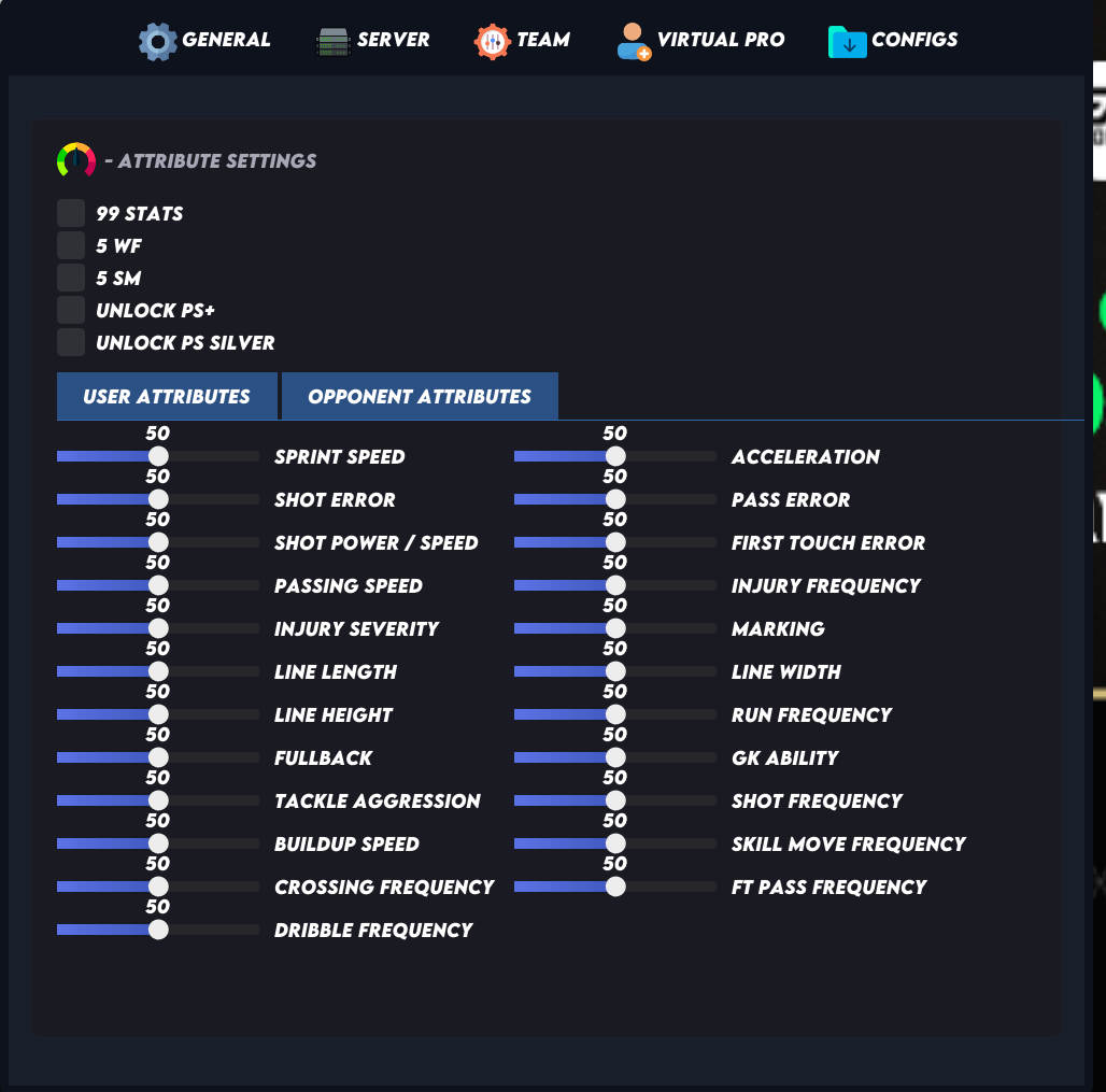 The FIFA 27 cheat Team tab: 99 hidden stats, PlayStyles+ and stat sliders for team and opponent, adjustable from 0 to 99